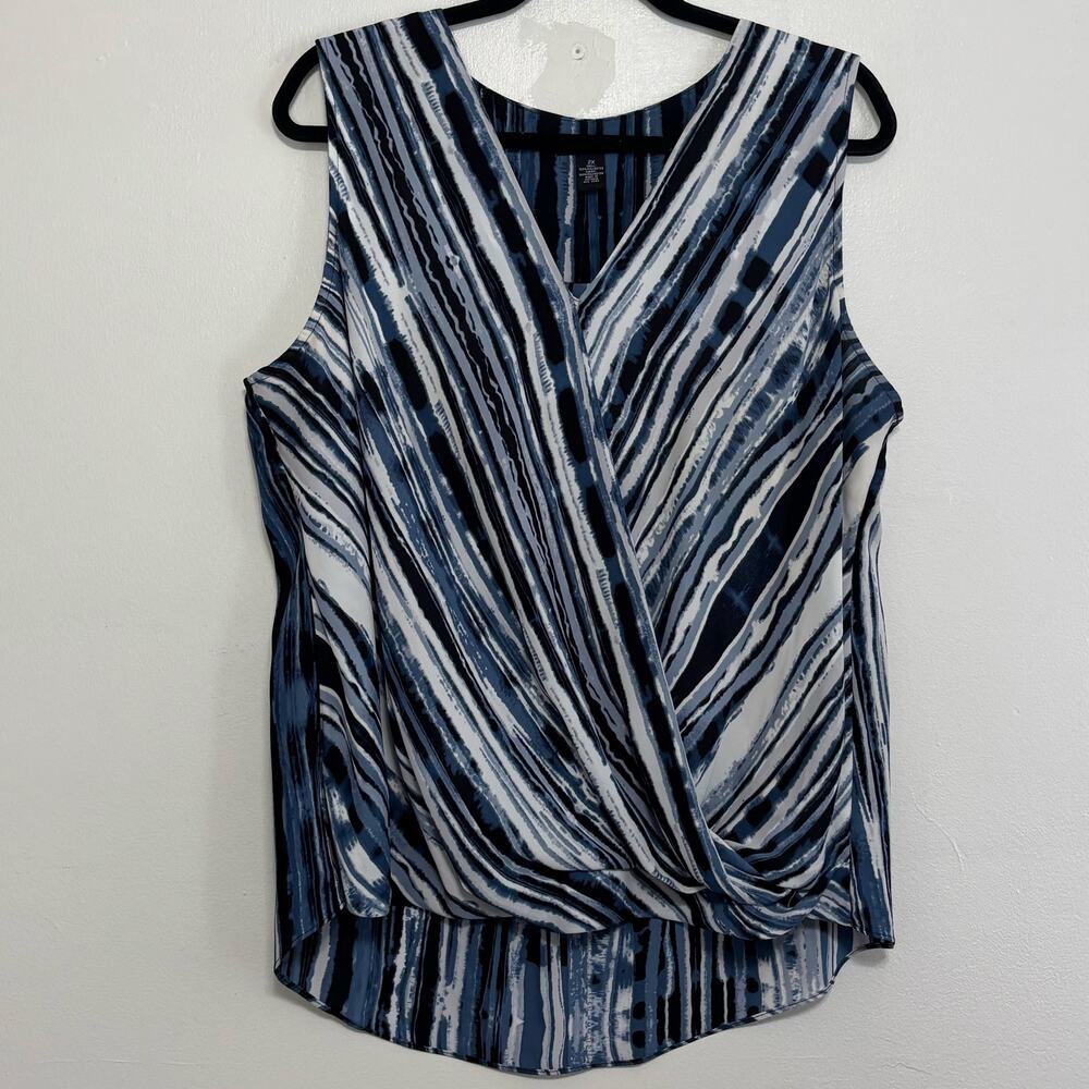 Alfani 2X Faux Wrap High Low Abstract Stripe Sleeveless Blouse